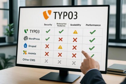 TYPO3 Content Management System Vergleich - Überlegenheit von TYPO3 gegenüber anderen CMS Systemen TYPO3 CMS Vergleichstabelle - TYPO3 übertrifft WordPress, Drupal und Joomla in Sicherheit, Performance und Enterprise-Features