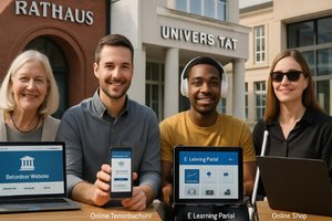 Barrierefrei-Barrierearm - Branchenspezifische Anforderungen - von Gesundheitswesen bis E-Commerce Barrierefrei-Barrierearm - Collage verschiedener Branchen: Arztpraxis mit Online-Terminbuchung, Universität mit E-Learning-Platform und Online-Shop mit barrierefreiem Checkout-Prozess