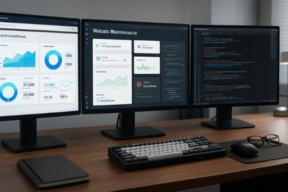 Professioneller Arbeitsplatz mit drei Monitoren zeigt Website-Dashboards, Analytics und Code-Editoren - websitepflege-homepagepflege