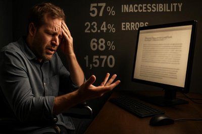 Barrierefrei-Barrierearm - 1 Milliarde Menschen werden von nicht-zugänglichen Websites ausgeschlossen - Barrierefreiheit ist unverzichtbar Barrierefrei-Barrierearm - Frustrierte Frau mit Sehbehinderung sitzt vor einem Laptop und kann eine Website nicht bedienen, während im Hintergrund Statistiken über 1 Milliarde Menschen mit Behinderungen eingeblendet sind