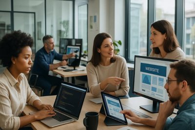 Diverse Expertenteam arbeitet kollaborativ an Website-Projekten in modernem Agentur-Büro - websitepflege-homepagepflege