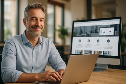 Entspannter Geschäftsinhaber arbeitet zufrieden am Laptop in modernem Büro mit funktionierender Website im Hintergrund - websitepflege-homepagepflege