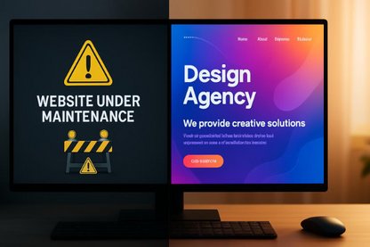 Geteilter Bildschirm zeigt Website unter Wartung mit Warnschildern links und moderne funktionierende Website rechts - websitepflege-homepagepflege
