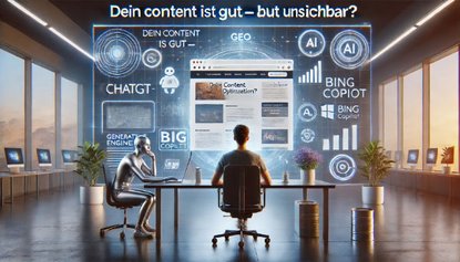KI-SEO mit GEO | Sichtbarer Content für ChatGPT & Bing Copilot Ein Unternehmer arbeitet gemeinsam mit einer KI an der Optimierung seiner Website für KI-Suchsysteme wie ChatGPT und Bing Copilot. Das Bild symbolisiert die Transformation von gutem, aber unsichtbarem Content zu strukturierten, maschinenlesbaren Inhalten durch Generative Engine Optimization (GEO).