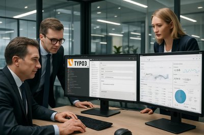 TYPO3 Agentur ArtMedia Jäger - Professionelle TYPO3 Webdesign Entwicklung für Enterprise Kunden TYPO3 Webdesign Experten bei der Arbeit - Professionelle Geschäftsleute entwickeln TYPO3 Website mit modernem CMS Backend auf mehreren Monitoren