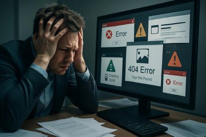 Gestresste Person vor Computer mit multiplen Fehlermeldungen und Website-Problemen auf dem Bildschirm