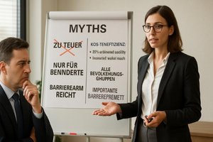 Barrierefrei-Barrierearm - Mythen vs. Realität - die Wahrheit über Kosten und Nutzen von Barrierefreiheit Barrierefrei-Barrierearm - Businessfrau räumt mit Mythen auf, indem sie falsche Behauptungen durchstreicht und daneben echte Fakten und Statistiken über Barrierefreiheit präsentiert