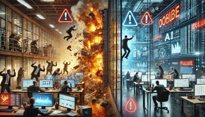 KI-SEO und GEO: Strukturierte Daten für sichere und effiziente digitale Inhalte Zweiteilige Büroszene mit Datenchaos auf der linken Seite und strukturierter Analyse rechts. Mitarbeitende an Bildschirmen mit Warnsymbolen sowie technischen Anzeigen zu KI-SEO und GEO.