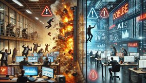 Zweiteilige Büroszene mit Datenchaos auf der linken Seite und strukturierter Analyse rechts. Mitarbeitende an Bildschirmen mit Warnsymbolen sowie technischen Anzeigen zu KI-SEO und GEO.