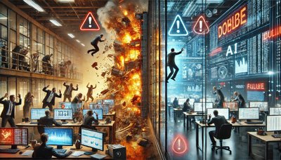 KI-SEO und GEO: Strukturierte Daten für sichere und effiziente digitale Inhalte Zweiteilige Büroszene mit Datenchaos auf der linken Seite und strukturierter Analyse rechts. Mitarbeitende an Bildschirmen mit Warnsymbolen sowie technischen Anzeigen zu KI-SEO und GEO.