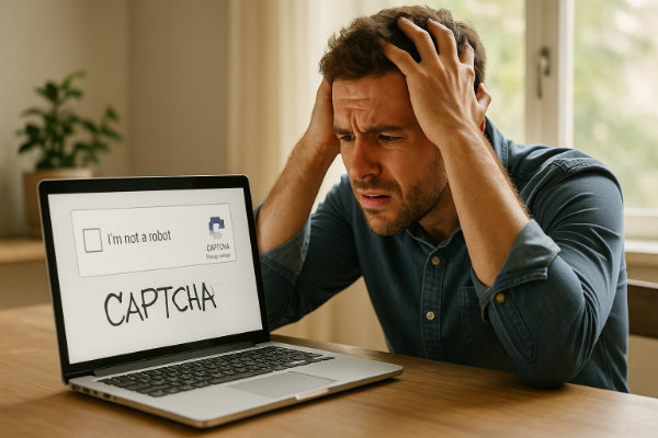 Barrierefreies Webdesign Mann hält sich den Kopf, während er versucht, ein verzerrtes CAPTCHA auf dem Laptopbildschirm zu entziffern. Barrierefreies Webdesign