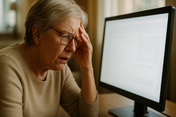 Frustration wegen unzureichender Farbkontraste. Barrierefreies Webdesign Ältere Frau sitzt vor Monitor und versucht, schlecht lesbaren Text auf weißem Hintergrund zu entziffern. Barrierefreies Webdesign