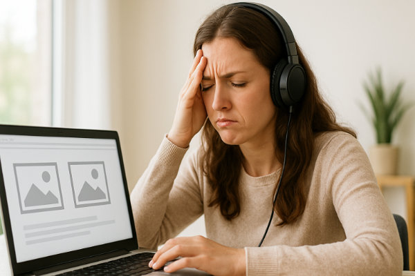 Barrierefreies Webdesign Junge Frau mit Kopfhörern hält sich die Stirn, während auf dem Laptopbildschirm nur leere Bildplatzhalter ohne Alt-Text zu sehen sind. Barrierefreies Webdesign