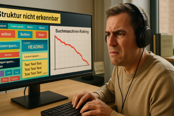 Fehlende semantische Struktur: Chaos für Screenreader und Suchmaschinen-Rankings Eine Person mit Kopfhörern nutzt einen Screenreader und ist mit einer chaotisch strukturierten Webseite konfrontiert. Der Bildschirm zeigt links ungeordnete Elemente und rechts einen fallenden Ranking-Graph. Barrierefreies Webdesign