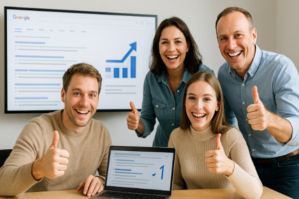 Besseres Ranking dank Barrierefreiheit. Barrierefreies Webdesign Vier Kollegen zeigen Daumen hoch vor einem Monitor, der steigende Balkendiagramme und Google-Suchergebnisse anzeigt. Barrierefreies Webdesign