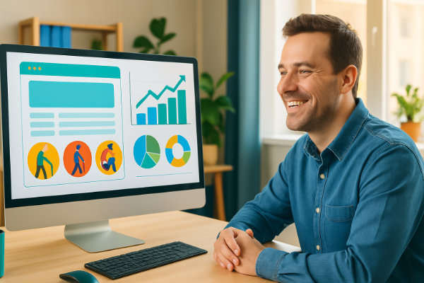 Barrierefreie Websites erschließen ein Millionenpublikum: 20% mehr potenzielle Kunden. Barrierefreies Webdesign Ein zufriedener Geschäftsinhaber blickt auf einen Bildschirm mit einer barrierefreien Website-Struktur und Grafiken, die verschiedene Nutzergruppen und eine Steigerung der potenziellen Kundschaft um 20% zeigen. Barrierefreies Webdesign