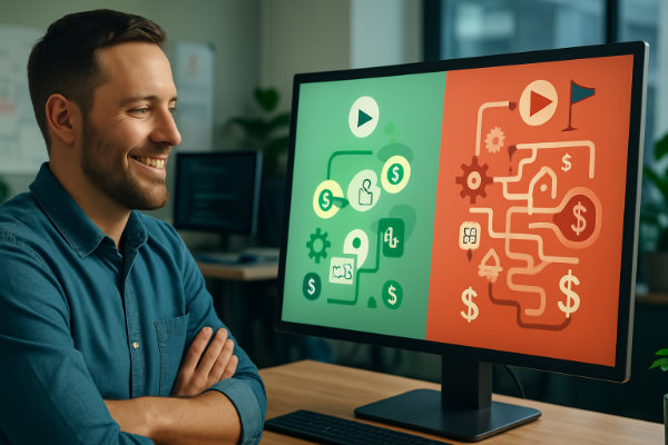 Kosteneffizienz durch frühzeitige Barrierefreiheit: Bis zu 80% niedrigere Entwicklungskosten. Barrierefreies Webdesign Ein Entwickler blickt auf einen geteilten Bildschirm: Links ein einfacher, effizienter Entwicklungsprozess mit wenigen Schritten und kleinen Geldsymbolen in Grün, rechts ein komplexer, verschlungener Prozess mit vielen Schritten und großen Geldsymbolen in Rot. Mobile Conversions durch barrierefreies Design