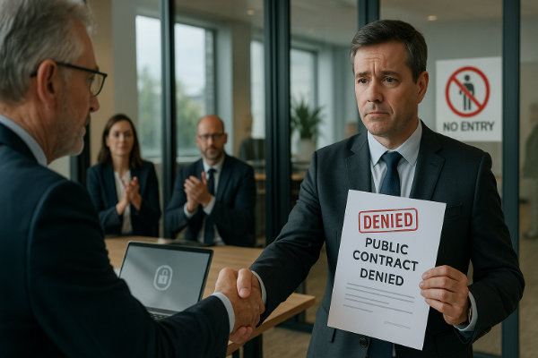 Ausschluss von öffentlichen Aufträgen und B2B-Geschäften - Barrierefreies Webdesign Geschäftsmann erhält einen „Public Contract Denied“-Bescheid, während er einem anderen die Hand schüttelt, im Hintergrund ein „No Entry“-Schild.