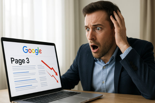 Ranking-Absturz in den Suchergebnissen - Barrierefreies Webdesign Mann zeigt erschrocken auf den Laptopbildschirm, auf dem Google-Suchergebnisse und ein roter Abwärtspfeil von Seite 1 zu Seite 3 zu sehen sind. Barrierefreies Webdesign