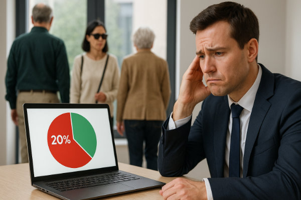 Verlust von bis zu 20 % der Zielgruppe Geschäftsmann blickt enttäuscht auf ein Laptop-Diagramm mit 20 % roter Fläche, während im Hintergrund Menschen mit Hilfsmitteln weggehen. Barrierefreies Webdesign