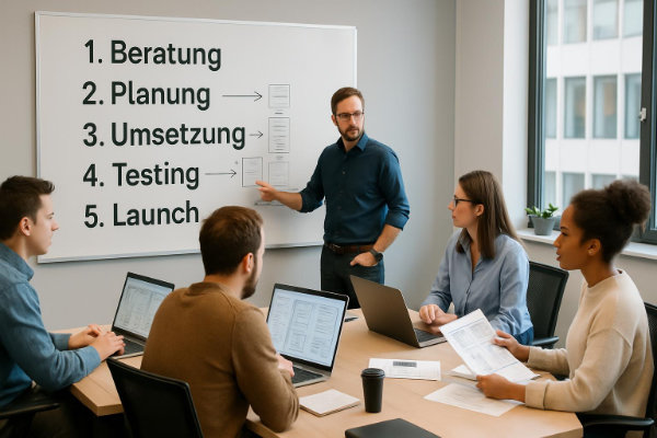 Barrierefrei-Barrierearm - Projektteam arbeitet strukturiert an einem 5-Stufen-Prozess: Analyse, Planung, Entwicklung, Testing und Launch, mit Checklisten und Meilensteinen an einer Wand Barrierefrei-Barrierearm - Projektteam arbeitet strukturiert an einem 5-Stufen-Prozess: Analyse, Planung, Entwicklung, Testing und Launch, mit Checklisten und Meilensteinen an einer Wand