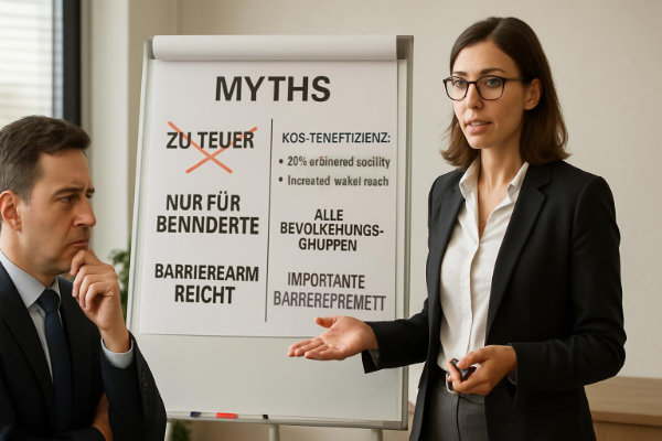 Barrierefrei-Barrierearm - Mythen vs. Realität - die Wahrheit über Kosten und Nutzen von Barrierefreiheit Barrierefrei-Barrierearm - Businessfrau räumt mit Mythen auf, indem sie falsche Behauptungen durchstreicht und daneben echte Fakten und Statistiken über Barrierefreiheit präsentiert