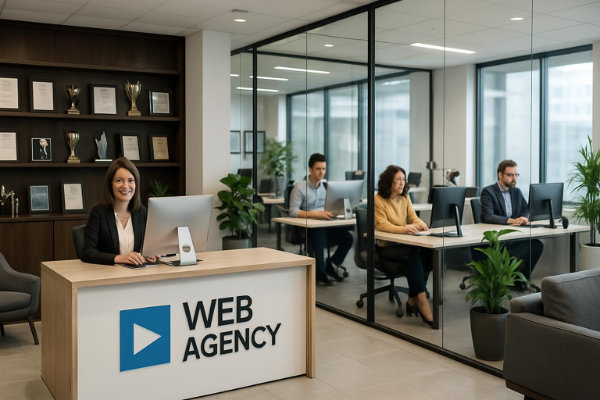 Modernes Agentur-Büro mit Auszeichnungen, zufriedenen Mitarbeitern und professioneller Ausstattung - websitepflege-homepagepflege