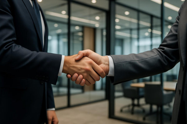 Professioneller Handschlag zwischen Geschäftspartnern in modernem Büro symbolisiert Vertrauen und Partnerschaft - websitepflege-homepagepflege