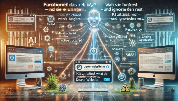 KI versteht nur klaren Content | GEO macht Websites sichtbar Eine KI verbindet sich mit mehreren Websites und bewertet deren Inhalte nach Struktur und Vertrauenswürdigkeit. Das Bild zeigt, wie Systeme wie ChatGPT und Bing Copilot nur klar strukturierte, maschinenlesbare Inhalte zitieren – und wie Generative Engine Optimization (GEO) Websites in diese Auswahl bringt.