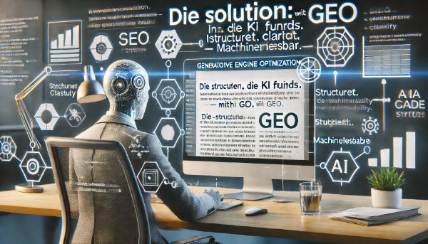 GEO – Die Lösung für KI-SEO | Strukturiert. Klar. Maschinenlesbar. Eine KI analysiert eine Website am Bildschirm und optimiert deren Inhalte nach dem GEO-Prinzip. Das Bild veranschaulicht, wie strukturierte Daten, semantische Klarheit und technisches SEO Inhalte für KI-Suchsysteme wie ChatGPT und Bing Copilot verständlich und sichtbar machen.