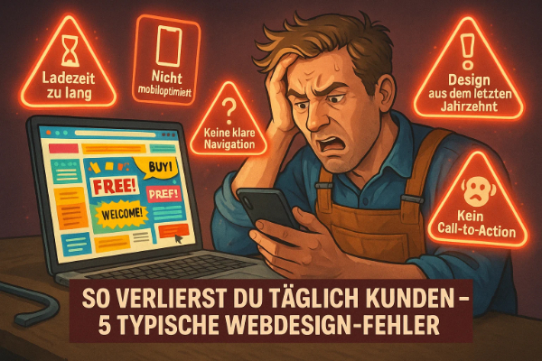 Webdesign Wiesbaden – 5 häufige Fehler, die Kunden kosten Illustration eines frustrierten Mannes vor einem Laptop mit fehlerhaftem Webdesign. Warnsymbole zeigen Probleme wie lange Ladezeit, fehlende Mobiloptimierung, veraltetes Design und keine klare Navigation. Das Bild verdeutlicht häufige Webdesign-Fehler, die Unternehmen in Wiesbaden vermeiden sollten.