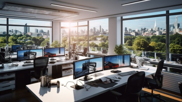 Webdesign Wiesbaden – Moderne Agentur mit Blick über die Skyline Modernes Agenturbüro mit mehreren Monitoren und großem Panoramablick über die Stadt. Das Bild symbolisiert professionelles Webdesign und digitale Kreativität in Wiesbaden.