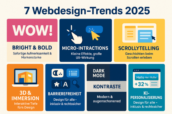Infografik mit den 7 Webdesign-Trends 2025: Bright & Bold, Micro-Interactions, Scrolltelling, 3D & Immersion, Barrierefreiheit, Dark Mode und KI-Personalisierung. Darstellung für modernes, benutzerfreundliches Webdesign in Wiesbaden. Webdesign Wiesbaden – 7 Webdesign-Trends 2025 für starke Marken