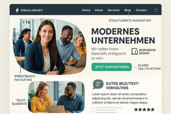 Webdesign Wiesbaden – Moderne Unternehmenswebsite mit klarer Struktur und Performance Darstellung einer modernen Unternehmenswebsite mit strukturiertem Aufbau, klarer Navigation und Responsive Design. Eine Frau im Business-Outfit präsentiert das Konzept für erfolgreiches Webdesign in Wiesbaden.