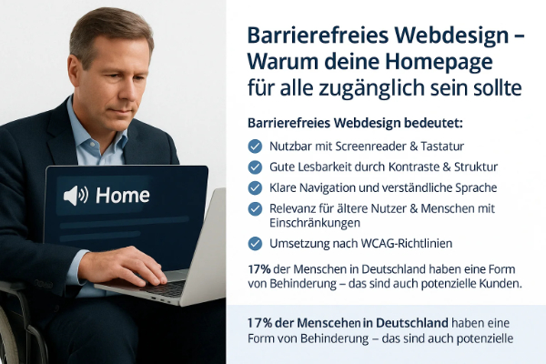 Barrierefreies Webdesign Wiesbaden – Websites für alle zugänglich gestalten Ein Mann im Rollstuhl arbeitet an einem Laptop mit Symbol für Barrierefreiheit und dem Wort „Home“. Daneben Infografik mit Vorteilen barrierefreien Webdesigns wie Tastaturnavigation, Kontrasten und klarer Sprache. Thema: Barrierefreies Webdesign in Wiesbaden.