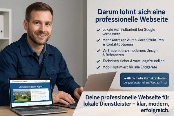 Webdesign Wiesbaden – Professionelle Webseiten für lokale Dienstleister Ein Mann sitzt am Schreibtisch vor einem Laptop mit geöffneter Website und Infografik zu Vorteilen professioneller Webseiten. Das Bild veranschaulicht modernes, conversionstarkes Webdesign für Unternehmen in Wiesbaden.
