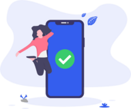 Webdesign Wiesbaden – Erfolgreiche mobile Nutzererlebnisse Illustration einer Frau, die freudig neben einem großen Smartphone mit grünem Haken springt. Das Bild symbolisiert erfolgreiche mobile Webdesign-Lösungen und optimale Nutzererfahrung in Wiesbaden.