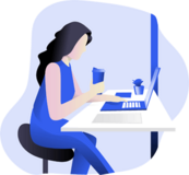 Webdesign Wiesbaden – Kreative Arbeit am digitalen Konzept Illustration einer Frau, die mit einem Getränk vor einem Laptop sitzt und an einer Website arbeitet. Das Bild symbolisiert kreative Webdesign-Arbeit und Konzeptentwicklung in Wiesbaden.