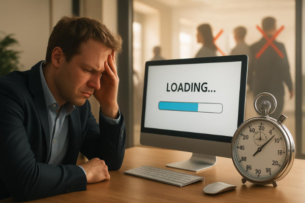 Pagespeed Optimierung stoppt Kundenverlust - Langsame Website Geschwindigkeit kostet täglich Geld - Pagespeed Optimierung Frustrierter Geschäftsmann vor Computer mit langsam ladender Website und Stoppuhr - Pagespeed Probleme kosten täglich Kunden und Umsatz - Pagespeed Optimierung
