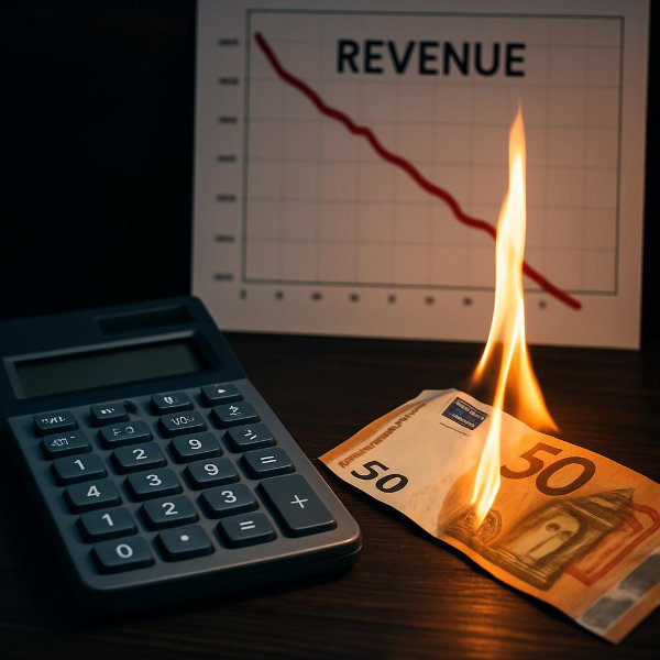 Ladezeiten optimieren spart Geld - Berechnung der täglichen Verluste durch schlechte Website Geschwindigkeit - Pagespeed Optimierung Brennender Geldschein neben Taschenrechner und fallendem Umsatzdiagramm - Finanzielle Verluste durch langsame Ladezeiten - Pagespeed Optimierung