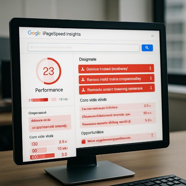 Pagespeed Test zeigt kritische Probleme - PageSpeed Insights Score unter 90 schadet SEO Rankings - Pagespeed Optimierung Google PageSpeed Insights Dashboard mit schlechtem Score von 23 und roten Core Web Vitals Warnungen - Pagespeed Optimierung