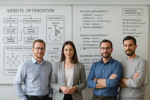 Pagespeed Optimierung Experten entwickeln maßgeschneiderte Website Geschwindigkeit Strategien - Pagespeed Optimierung Professionelles Pagespeed Expertenteam vor Whiteboards mit Website Optimierungsstrategien und Code-Snippets - Pagespeed Optimierung