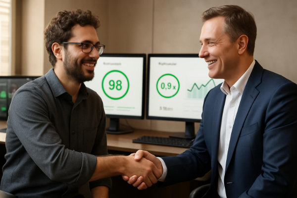 Pagespeed Optimierung Auftrag erfolgreich - Website Geschwindigkeit Verbesserung mit Garantie - Pagespeed Optimierung Erfolgreicher Geschäftsabschluss zwischen Pagespeed Experten und Kunden vor Monitoren mit exzellenten Performance-Metriken - Pagespeed Optimierung
