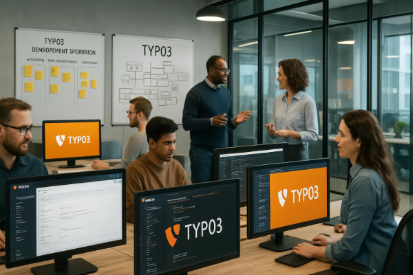 Das Bild zeigt ein Entwicklerteam in einem modernen Büro, das an mehreren Computern mit TYPO3 arbeitet. Zwei Personen stehen im Hintergrund im Gespräch, während andere an TYPO3-Oberflächen programmieren. An der Wand hängen TYPO3-Boards mit Architektur- und Planungsdiagrammen. Das Szenario symbolisiert die technische Expertise, Prozessstruktur und Teamarbeit einer TYPO3 Agentur aus Wiesbaden für professionelle Enterprise-Websites.