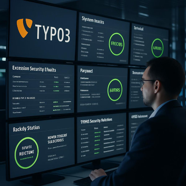 TYPO3 Sicherheit und Monitoring - Enterprise-Level Schutz für Ihre TYPO3 Website - TYPO3 Webdesign TYPO3 Sicherheits Dashboard - Professionelle Überwachung und Monitoring von TYPO3 Websites mit grünen Sicherheitsstatus Indikatoren - TYPO3 Webdesign